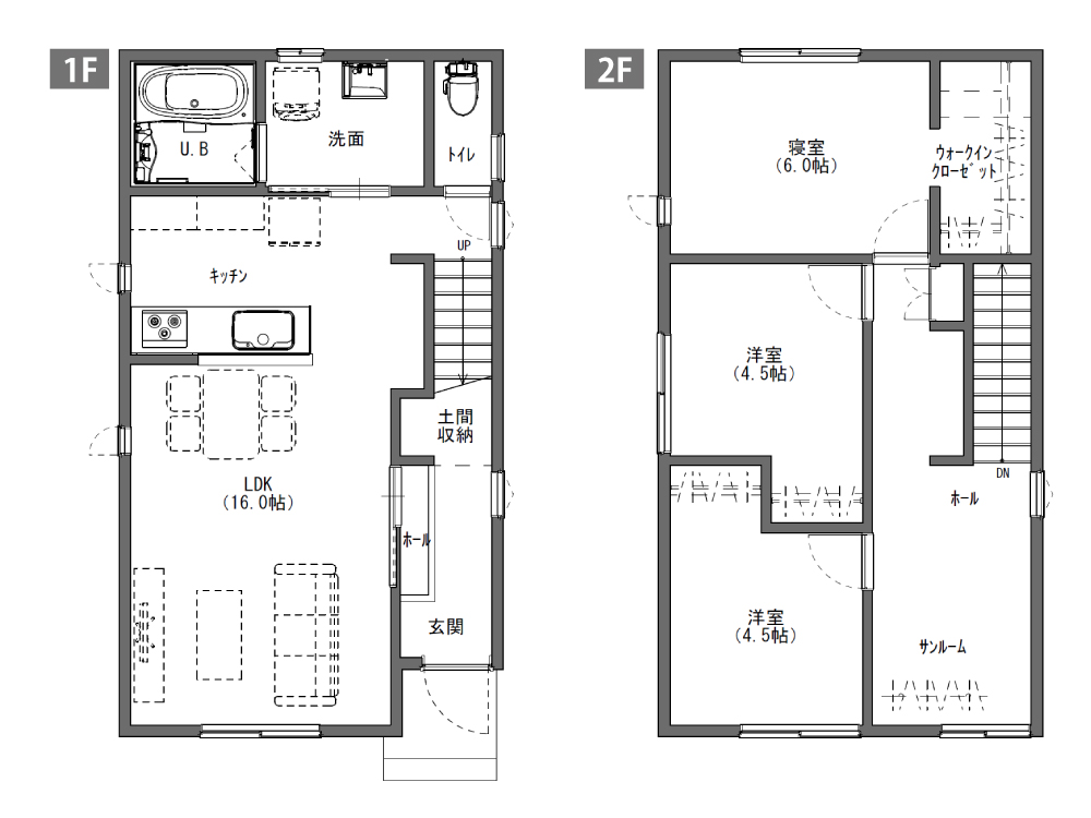 ニコニコ住宅の狭小敷地に対応した２階建てコンパクト住宅です。間取りのご紹介です。階段の下、２階ホール、各居室など収納たっぷり。２階に３部屋取れて、広々暮らせる。