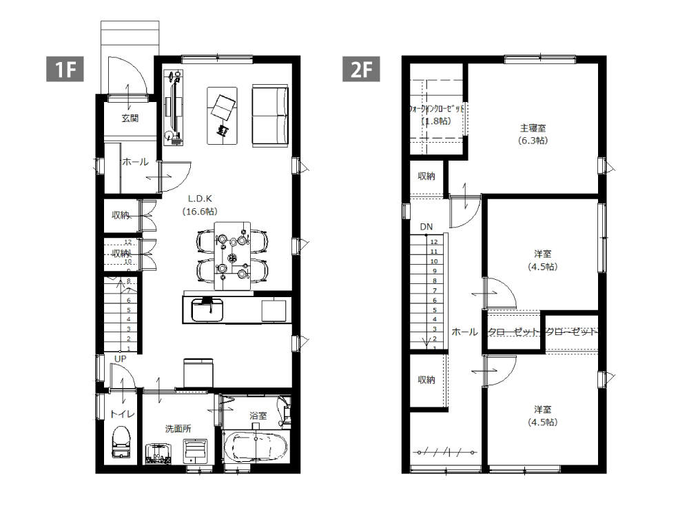 ニコニコ住宅の狭小敷地に対応した２階建てコンパクト住宅です。間取りのご紹介です。階段の下、２階ホール、各居室など収納たっぷり。２階に３部屋取れて、広々暮らせる。